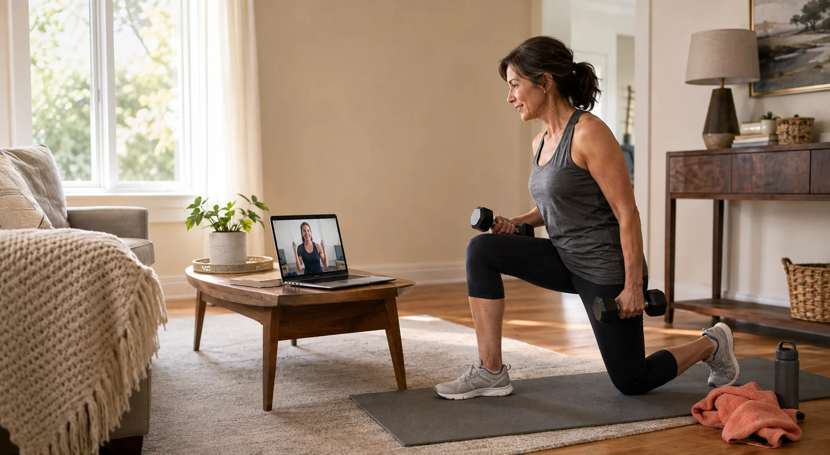 A person training at home in a live online session with a personal trainer